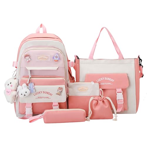 Generisch Nette Schulbeutel Mit Großer Kapazität, Rucksack 5 Stück Rucksack Set Für Student, Große Schulter -Draw -String -Beutel, Canvas School Kit Für Kinder, Mädchen, Teenager von Generisch