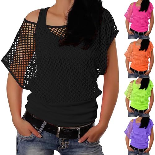 Generisch Netz Oberteil Damen Netzshirt Netztop Netzhemd Crop Top 80er Jahre Festival Outfit Karneval Party Tops Netzoberteil Sommertops Mesh Bluse (A Black, XL) von Generisch
