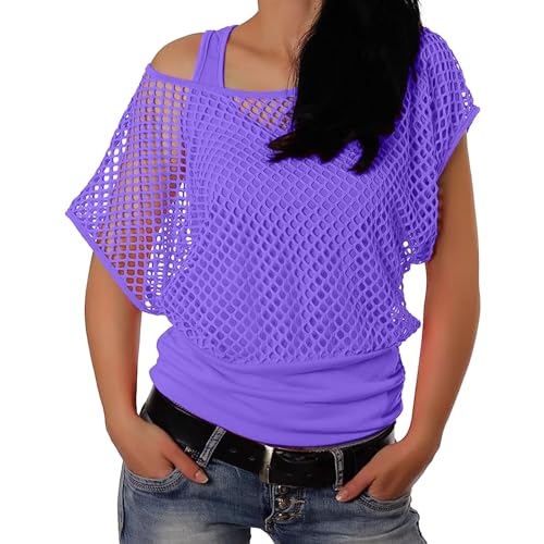 Generisch Netz Oberteil Damen Netzshirt Netztop Netzhemd Crop Top 80er Jahre Festival Outfit Karneval Party Tops Netzoberteil Sommertops Mesh Bluse (Purple, L) von Generisch