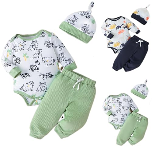 Generisch Neugeborenes Baby Jungen Mädchen 3tlg Set Koala Print Body + Hose + Mütze Babyset Kleinkind Kleidung Süß Outfit (01 Grün, 3-6 Monate) von Generisch