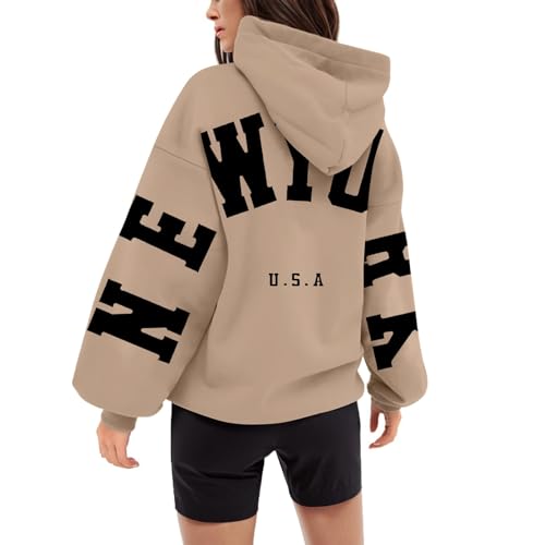 Generisch New York Hoodie Damen Oversize Backprint Sweatshirt Modisch Y2K Pullover mit Kapuze Kordelzug Kapuzenpullover Rundhals Streetwear Taschen Langarmshirt Casual Lockere Tops von Generisch