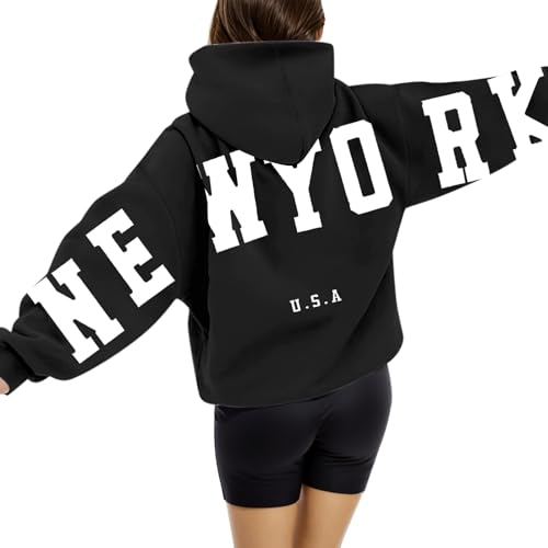 Generisch New York Sweatjacke Damen Oversized Pullover Briefe Backprint Kapuzenpullover Vintage Fallen Winter Hoodie Rundhals Pulli Langarmshirt mit Kapuze Kordelzug Streetwear Tops von Generisch
