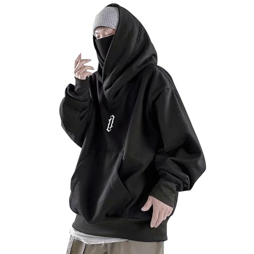 Generisch Ninja Hoodie Herren, Harajuku Pullover mit Kapuze Kapuzenpullover Hip Hop Schalkragen Rollkragenpullover Vintage Double Neckline Hoodie Oversized Fleece Sweatshirts Streetwear von Generisch