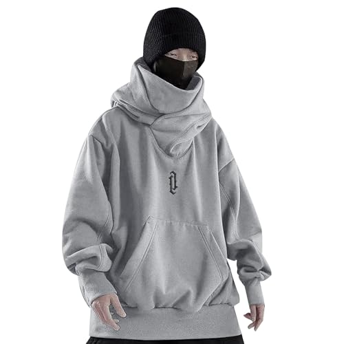 Generisch Ninja Hoodie Herren, Harajuku Pullover mit Kapuze Kapuzenpullover Hip Hop Schalkragen Rollkragenpullover Vintage Double Neckline Hoodie Oversized Fleece Sweatshirts Streetwear von Generisch