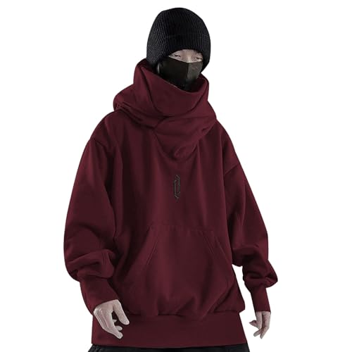 Generisch Ninja Hoodie Herren, Harajuku Pullover mit Kapuze Kapuzenpullover Hip Hop Schalkragen Rollkragenpullover Vintage Double Neckline Hoodie Oversized Fleece Sweatshirts Streetwear von Generisch
