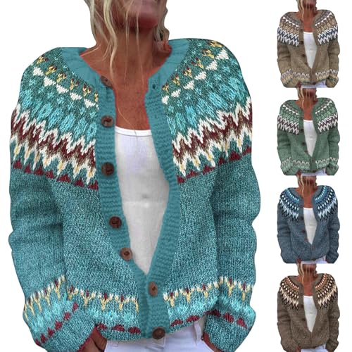 Generisch Norweger Strickjacke Damen Baumwolle Pullover Original Strickjacken Große Größe Strickpullover Frühling Übergangsmantel Alpaka Bunte-Strickjacke Elegant Cardigan Mit Knöpfen von Generisch