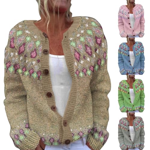 Generisch Norweger Strickjacke Damen Baumwolle Pullover Original Strickjacken Große Größe Strickpullover Frühling Übergangsmantel Alpaka Bunte-Strickjacke Elegant Cardigan Mit Knöpfen von Generisch