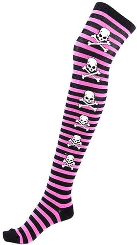 OVERKNEE SOCKEN SKULL Totenkopf Schwarz-pink gestreift von Generisch