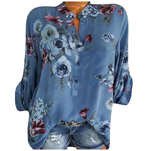 Generisch Ohrringe Ringe Silber Flower Mode lässiger Blumenknopf-Pulli elegantes Top Damendruck Boden Toben in Plus Größe Damen Bluse Karo (Blue, XXL) von Generisch