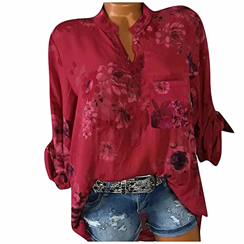 Generisch Ohrringe Ringe Silber Flower Mode lässiger Blumenknopf-Pulli elegantes Top Damendruck Boden Toben in Plus Größe Damen Bluse Karo (Red, XL) von Generisch