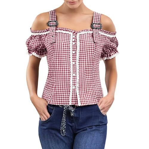 Generisch Oktoberfest Damen Outfit Trachtenbluse Karierte Bluse Oktoberfestbluse Trachtenblusen Modern Kurzarm Oberteil Trachtenshirt Trachtenmode von Generisch