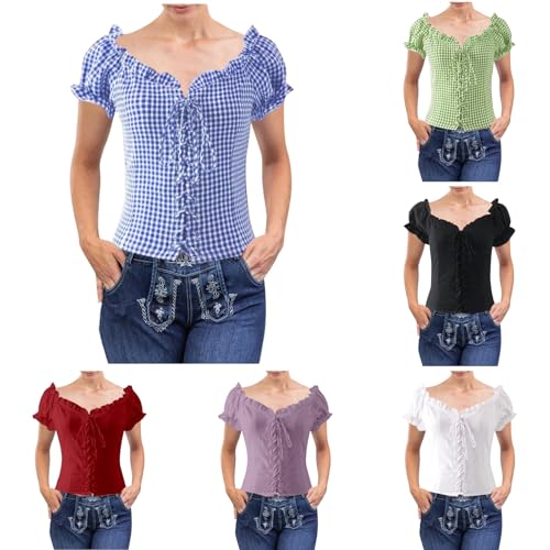 Generisch Oktoberfest Damen Trachtenbluse Kariert Traditionelle Trachten Bluse Kurzarm Trachtenshirt V-Ausschnitt Dirndlbluse Schulterfrei Trachtenhemd Rüschen Dirndlblusen Schwarz L von Generisch