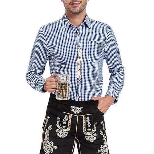 Generisch Oktoberfest Hemd Herren Trachtenhemd Tracht Kariertes Langarm Slim Fit Karohemd Mit Tasche Baumwolle Freizeithemd Für Blau M von Generisch
