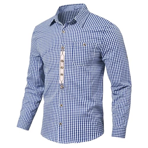 Generisch Oktoberfest Herren Hemd Trachtenhemd für Männer Kariertes Stickere Langarm Hemd mit Tasche Trachten Karohemd Baumwolle Kariert Freizeithemd mit Liegekragen Blau Ro Comfort Fit von Generisch