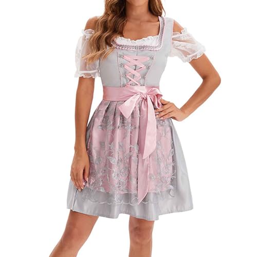 Generisch Oktoberfest Kleidung Damen Damen Kurz-Dirndl mit Schleife, Spitzenbesatz & floralen Akzenten – figurschmeichelnd für Oktoberfest & Volksfest Grau von Generisch