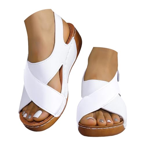 Generisch Orthopädische Sandalen Damen Sommer Waschbare Slingback Sommerschuhe Slide Sandaletten Weiche Bequem Römersandalen Weiche Fussbett Casual Plateau Wandersandalen (White-4, 42) von Generisch
