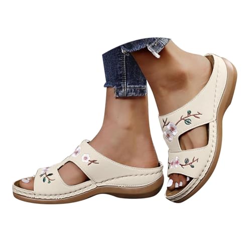 Generisch Orthopädische Schuhe Damen Sandalen Vintage Blumenstickerei Schlappen Sommer Toe Hausschuhe Keil Pu Pantoffeln Gummi Plateau Freizeit Pantoletten Strandschuhe von Generisch