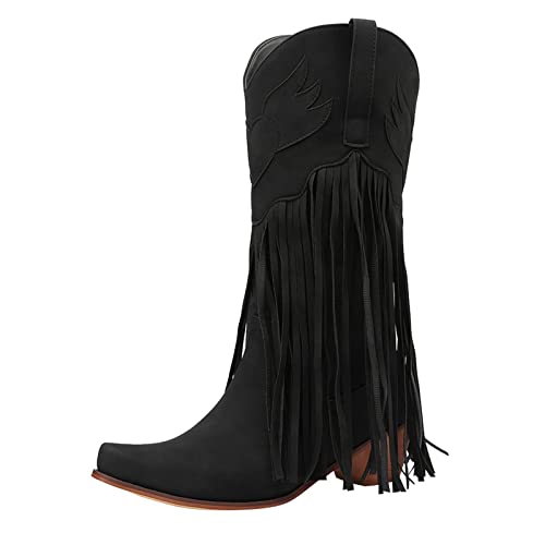 Generisch Overknees Stiefel Damen Weiter Schaft - Damen Cowboystiefel Mit Trichterabsatz - Bikerboots Fransen Westernstiefel Spitz Kniehohe Stiefel Vintage Reitstiefel rutschfeste Schlupfstiefel von Generisch