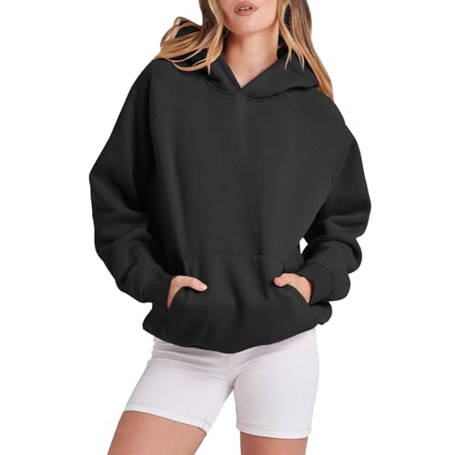 Generisch Oversize Hoodie Damen Herbst Winter Pullover mit Kapuze Teenager Mädchen Kapuzenpullover Langarm Sweatshirt Casual Pulli mit Taschen,02 Schwarz,M von Generisch