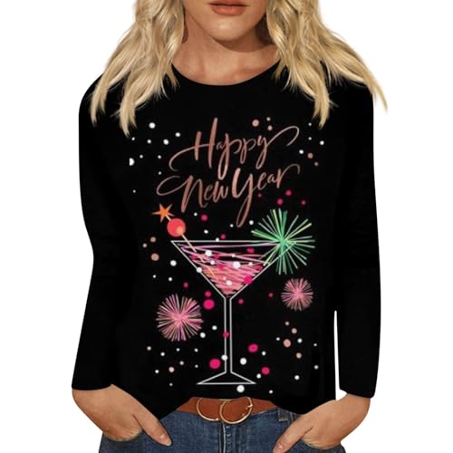 Generisch Oversize Pullover Damen, Damenhemden Und Winter Rundhalsausschnitt Langarm T-Shirt 2024 Neujahr Bedruckt Sweatshirt Top Sweatshirt Damen Weihnachtspullover Glitzer (L, Light pink) von Generisch