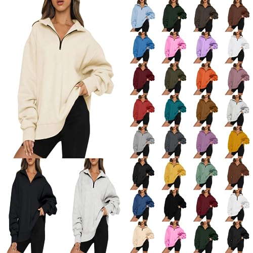 Generisch Oversize Pullover Damen, V Ausschnitt Große Größen mit Reißverschluss Baumwolle Hoodie Sport Winter Elegant Ohne Kapuze Oversize Pullover Sweatshirt Vintage Oversize Lang Sweater Pullover von Generisch