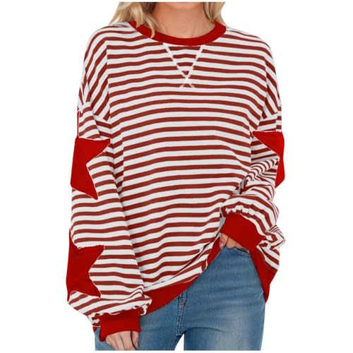 Generisch Oversize Pullover Damen Streifen Langarm Herbst Rundhals Sweatshirt Y2K Oberteile Pulli Sweater,Pullover Damen Baumwolle von Generisch