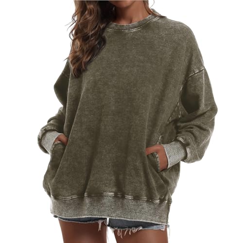 Generisch Oversize Pullover Damen Sweatshirt Ausgewaschene Hoodie Y2K Vintage Sweatshirt Basic Damen Kapuzenpullover mit Fleece Baumwolle Used-Look Übergangspulli Retro Kapuzenjacke Kapuzenpulli von Generisch