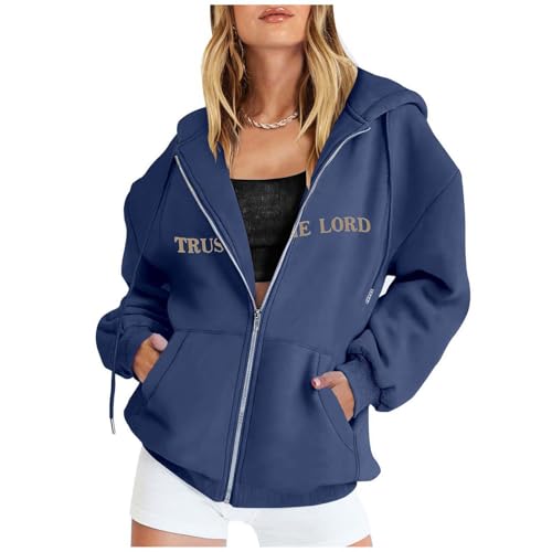 Generisch Oversize Sweatjacke Damen College Hoodie Kapuzenjacke Fleecejacke mit Reißverschluss Teenager Mädchen Trust In The Lord Sweatshirt Jacken Übergang Baumwolle Kapuzenpullover Sportjacke von Generisch