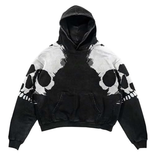 Generisch Oversized Hoodie Pullover Herren Ausgewaschener Kapuzenpullover Dicke Baumwolle Sweatshirt Y2K Vintage Jacke Used-Look Basic Langarmshirt Rerto Strickjacke Übergangsjacke von Generisch
