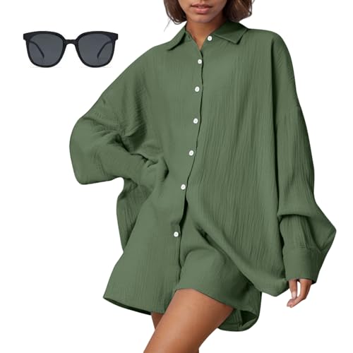 Generisch Oversized Musselin Set Damen Sommer Zweiteiler, Zweiteiler Damen Musselin Bluse Sommer Set, Musselin Bluse Und Shorts Casual Oversize 2 Teiler Mit Tasche (Armeegrün,XXL) von Generisch