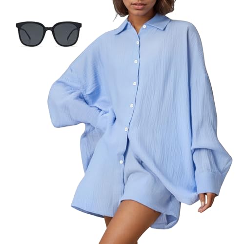 Generisch Oversized Musselin Set Damen Sommer Zweiteiler, Zweiteiler Damen Musselin Bluse Sommer Set, Musselin Bluse Und Shorts Casual Oversize 2 Teiler Mit Tasche (Blau,XXL) von Generisch