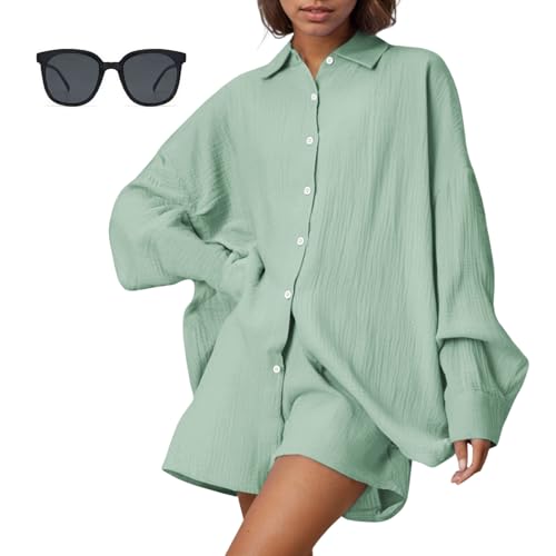 Generisch Oversized Musselin Set Damen Sommer Zweiteiler, Zweiteiler Damen Musselin Bluse Sommer Set, Musselin Bluse Und Shorts Casual Oversize 2 Teiler Mit Tasche (Grau Grün,L) von Generisch