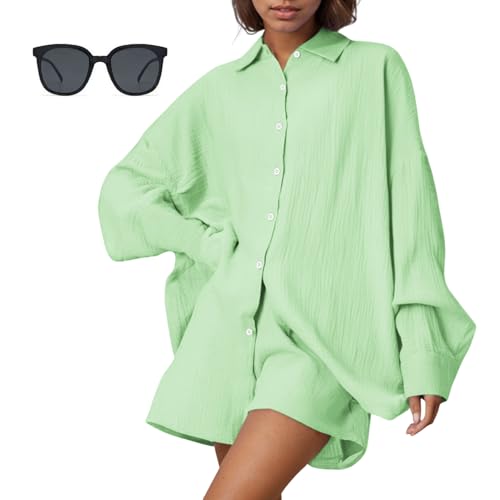 Generisch Oversized Musselin Set Damen Sommer Zweiteiler, Zweiteiler Damen Musselin Bluse Sommer Set, Musselin Bluse Und Shorts Casual Oversize 2 Teiler Mit Tasche (Hellgrün,L) von Generisch