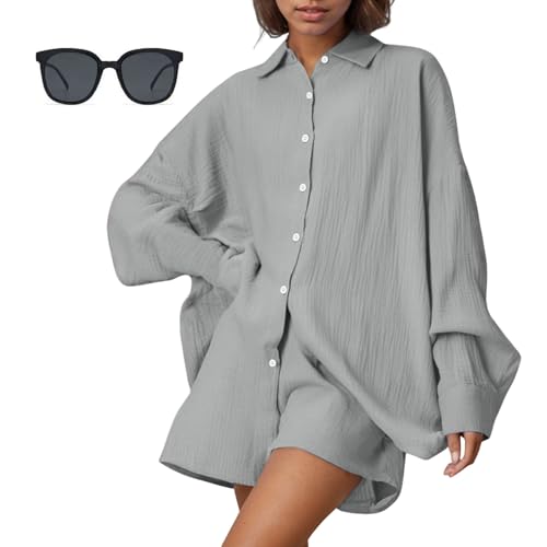 Generisch Oversized Musselin Set Damen Sommer Zweiteiler, Zweiteiler Damen Musselin Bluse Sommer Set, Musselin Bluse Und Shorts Casual Oversize 2 Teiler Mit Tasche (grau,L) von Generisch