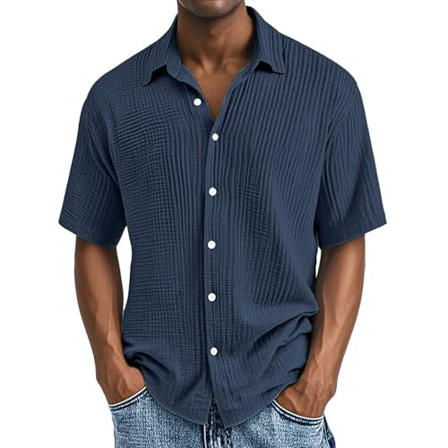 Generisch Oversized Tshirt Herren,Musselin Leinen Hemden Kurzarm Leicht Sommerhemd Button Down Freizeithemd mit Brusttasche Bequem Atmungsaktiv Kurzarmhemd Strandhemd Urlaub von Generisch