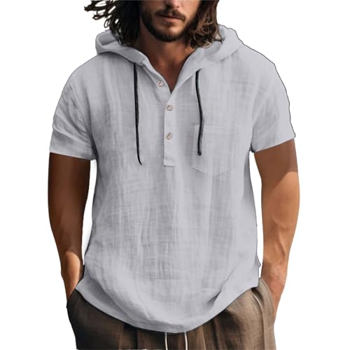 Generisch OversizedTshirt Herren,Herren Leinenhemd Herrenhemden Langarm Musselin Baumwolle Leinen Hoodie Männer Freizeithemd Regular Fit Strand Freizeithemd Sommerhemd Sommer Outfit von Generisch