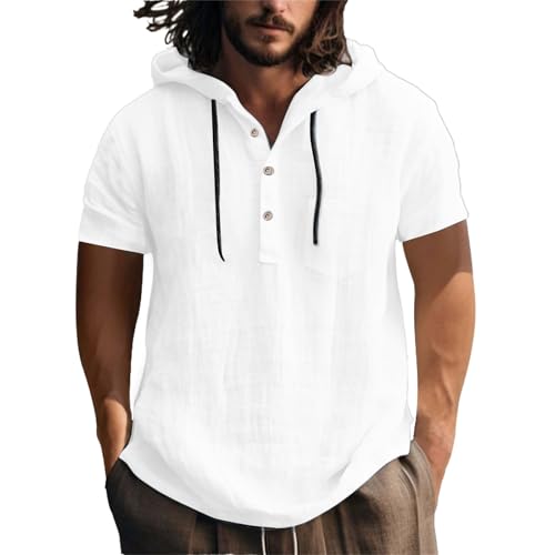 Generisch OversizedTshirt Herren,Herren Leinenhemd Herrenhemden Langarm Musselin Baumwolle Leinen Hoodie Männer Freizeithemd Regular Fit Strand Freizeithemd Sommerhemd Sommer Outfit von Generisch