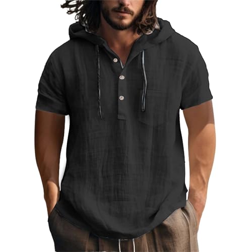 Generisch OversizedTshirt Herren,Herren Leinenhemd Herrenhemden Langarm Musselin Baumwolle Leinen Hoodie Männer Freizeithemd Regular Fit Strand Freizeithemd Sommerhemd Sommer Outfit von Generisch