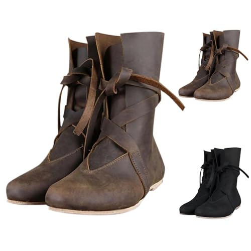 Generisch PU-Leder Retro-Stiefel Für Männer Und Frauen Verstellbare Kurzstiefel Mit Flachem Boden Kurze Kanisterstiefel Elegante Stiefeletten Comfort Schnürhalbschuhe Langlebiger Halbhoch Stiefel von Generisch