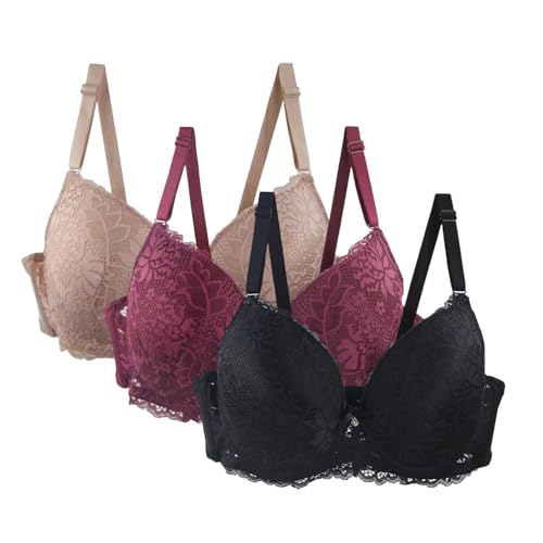 Generisch Pack of 3 Women's Bra Set Lace Up Bra Set Comfortable Lace Bra with Adjustable Straps Elegant Underwear for Everyday and Leisure Multicoloured Bras Für Schlafen (Blue, 95D) von Generisch