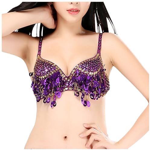 Generisch Pailletten Oberteil Damen Bauchtanz Kostüm Glitzer Oberteile BH mit Münzen Karneval Halloween Rave Festliche Party Pailletten Top Latin Indian Belly Dance Bauchtanz Oberteile Tanzkostüm von Generisch