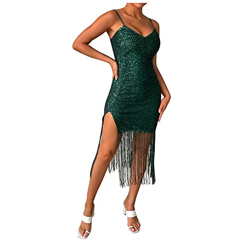 Generisch Paillettenkleid Damen Rundhals Mesh Stitching Fransenärmel Cocktailkleid Abendkleider Glitzer Quasten Saum Partykleid Flapper Kostüm Tanzkleid Bleistiftkleid(D C,XS) von Generisch