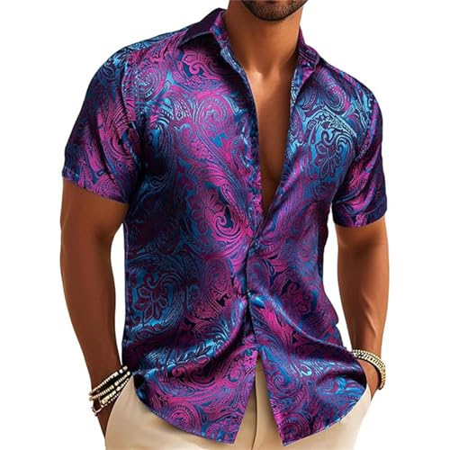 Generisch Paisley Hemd Herren Satinhemd Jacquard Businesshemd Kurzarm Paisleyhemd Button Down Elegant Freizeithemd Casual Regular Fit Partyhemd Hawaiihemd Atmungsaktiv Weich Oberhemd von Generisch