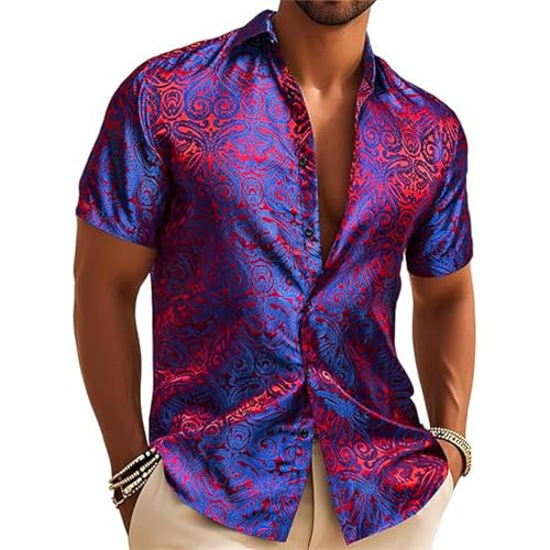 Generisch Paisley Hemd Herren Satinhemd Jacquard Businesshemd Kurzarm Paisleyhemd Button Down Elegant Freizeithemd Casual Regular Fit Partyhemd Hawaiihemd Atmungsaktiv Weich Oberhemd von Generisch