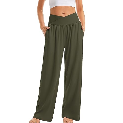 Generisch Palazzohose Damen Yogahose Elegant Freizeithose High Waist Stoffhose mit Taschen Gerade Hose Einfarbig Jogginghose Modern Sporthose Outdoorhose Cargohose Laufhose Wanderhose Armeegrün M von Generisch