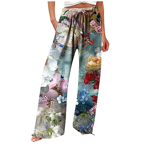 Generisch Paperbag Hosen Damen, Damen Hosen Sommer Arbeitshose Damen Hochzeitsgast Outfit Damen Damen Hose Sommer Steampunk Damen Wide Leg Hose Damen Caprihose Damen Sommer Hosen Damen (Blau,3XL) von Generisch