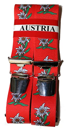 EDELWEISS Hosenträge AUSTRIA-ÖSTERREICH-VIENNA-WIEN im EDELWEISS Design 35mm Breit in H-Form mit 4 extra starken Clips UNI/Edelweiß grell-rot P-014 von EDERER