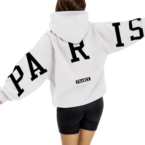 Generisch Paris Pullover Damen Oversize Kapuzenpullover Briefe Backprint Hoodie Rundhals Pulli mit Taschen Fallen Winter Sweatjacke Casual Fitness Training Basic Kapuzenjacke Langarmshirt von Generisch