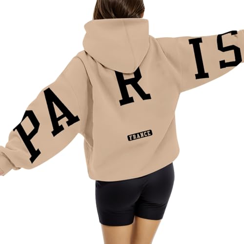 Generisch Paris Pullover Damen Oversize Kapuzenpullover Briefe Backprint Hoodie Rundhals Pulli mit Taschen Fallen Winter Sweatjacke Casual Fitness Training Basic Kapuzenjacke Langarmshirt von Generisch