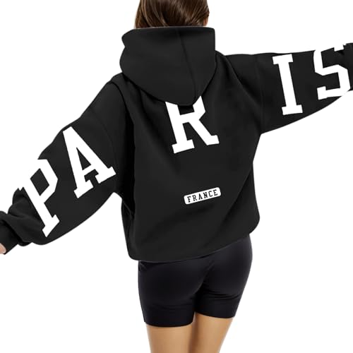 Generisch Paris Pullover Damen Oversize Kapuzenpullover Briefe Backprint Hoodie Rundhals Pulli mit Taschen Fallen Winter Sweatjacke Casual Fitness Training Basic Kapuzenjacke Langarmshirt von Generisch